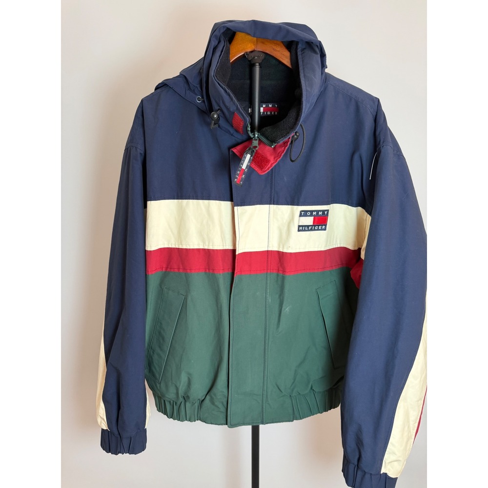 Tommy Hilfiger Reversible Sailing Jacket Mens XL Colorblock Fleece Plaid Navy